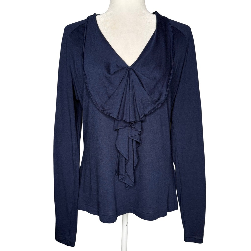 Ralph Lauren Blue Label Ruffle Front Blouse Top Size Medium Cotton Long Sleeve